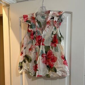 LOFT Ruffled Floral Blouse - Red and Green